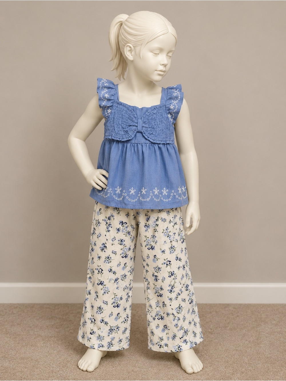 Little Lass Blue Top with Cream Floral Pants Matching Set